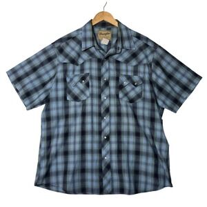 Wrangler Mens Short Sleeve Plaid Western‎ Snap Shirt Blue Green Size XL